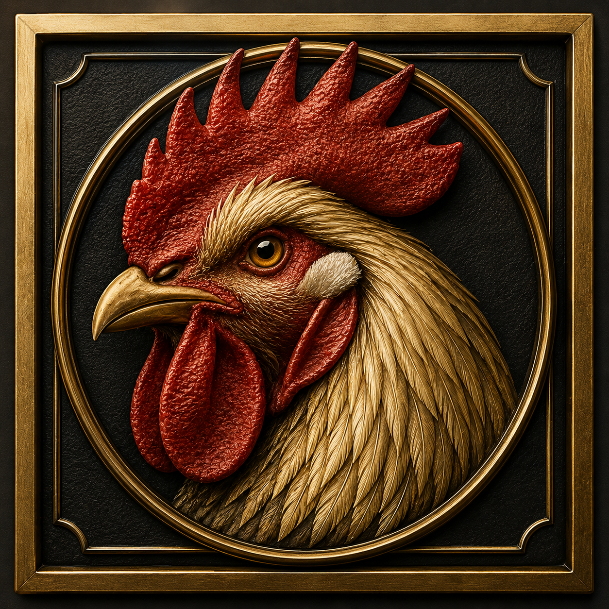 An engraved gold emblem of a rooster